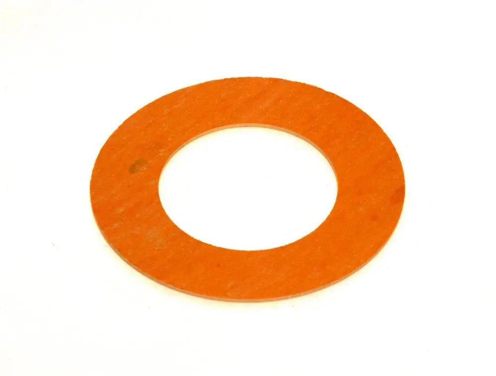 Orangefarbene Dichtung aus Papier oder Karton mit zentralem Loch, hergestellt von Bosch. Die Dichtung hat eine runde Form und ist für Abdichtungszwecke konzipiert.